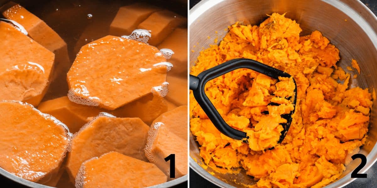 Sweet potato pieces boiling in water and being mashed in a mixing bowl.