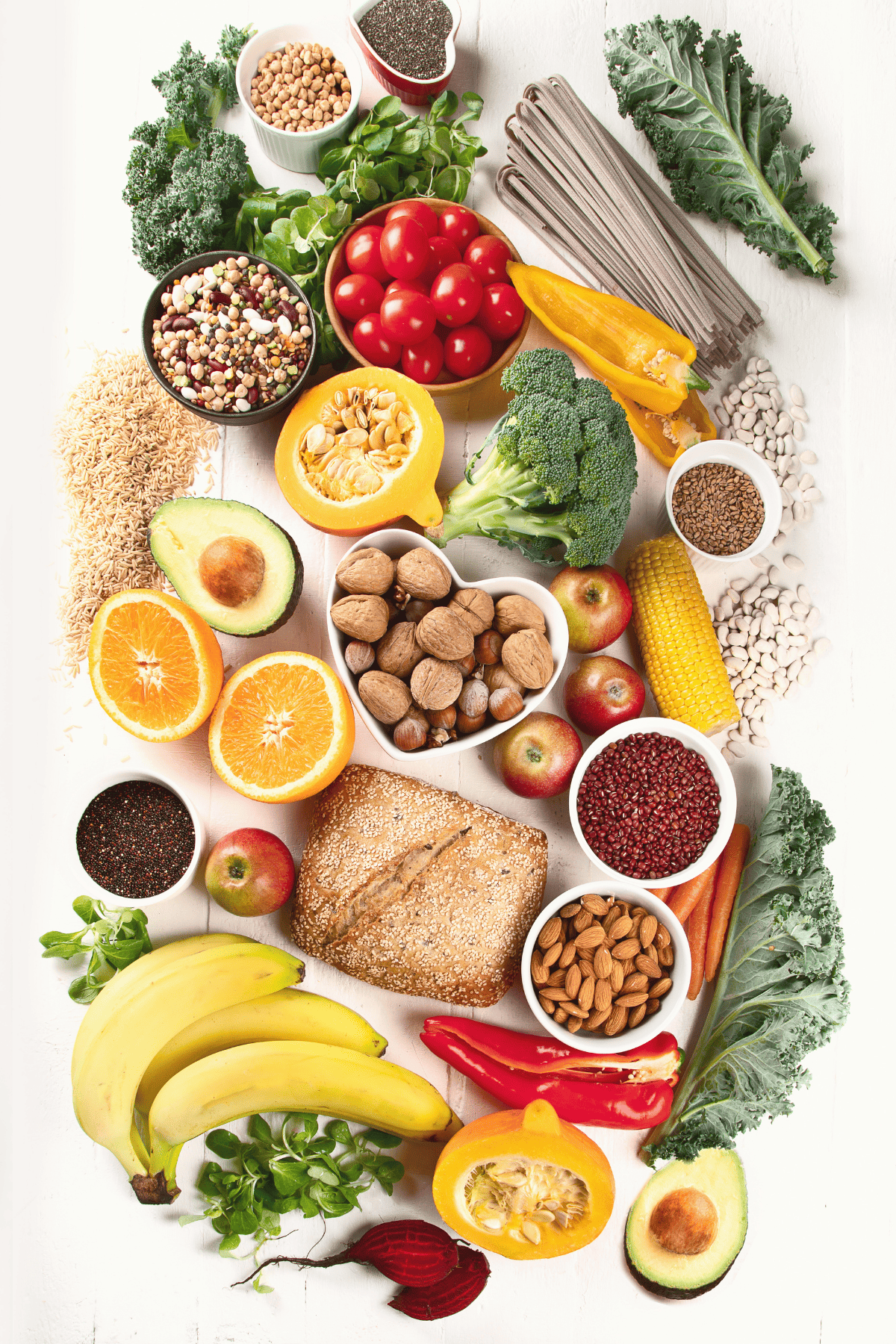 a table full of healthy aliments to add to your diet and prevent constipation.