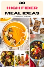 Collage showing healthy meal ideas for dinner and breakfast.