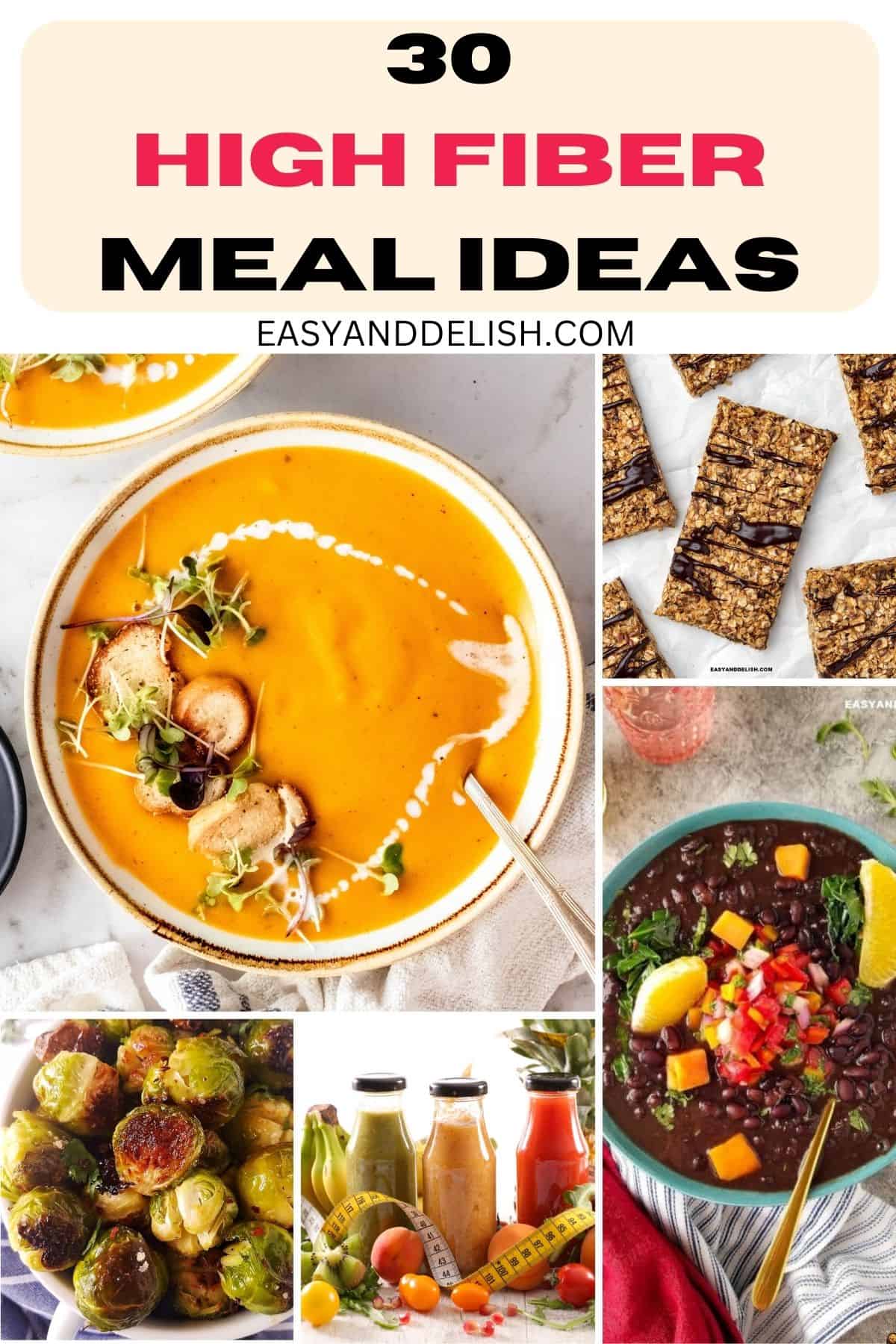 Collage showing healthy recipes for dinner and breakfast.