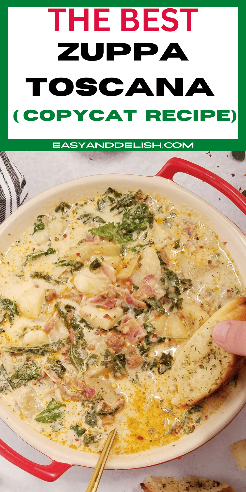 Close up of zuppa toscana soup with a toast dipped in it. 