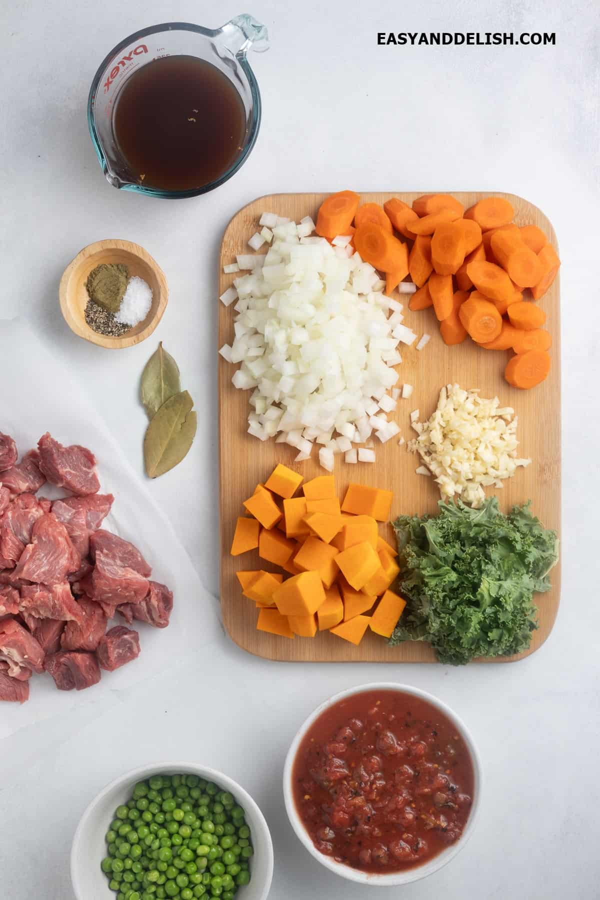 Ingredients on a cutting board and around it.