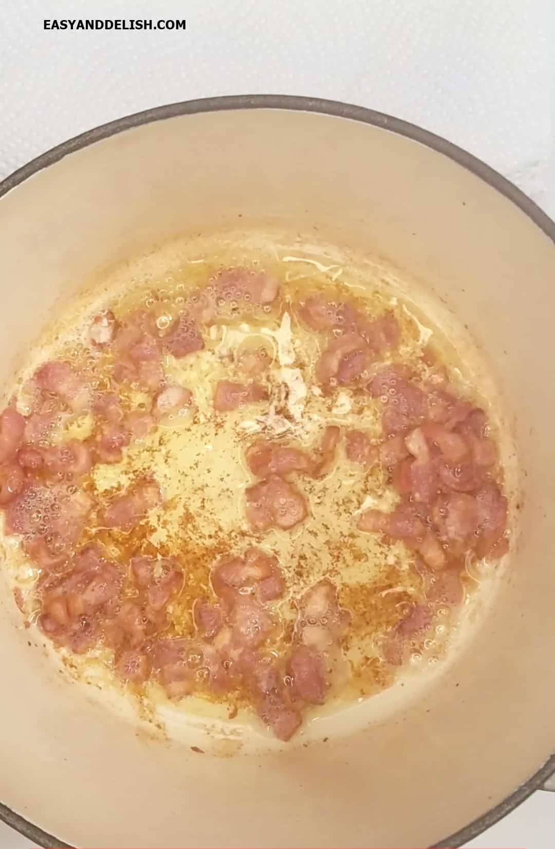 Bacon cooked in a pot. 