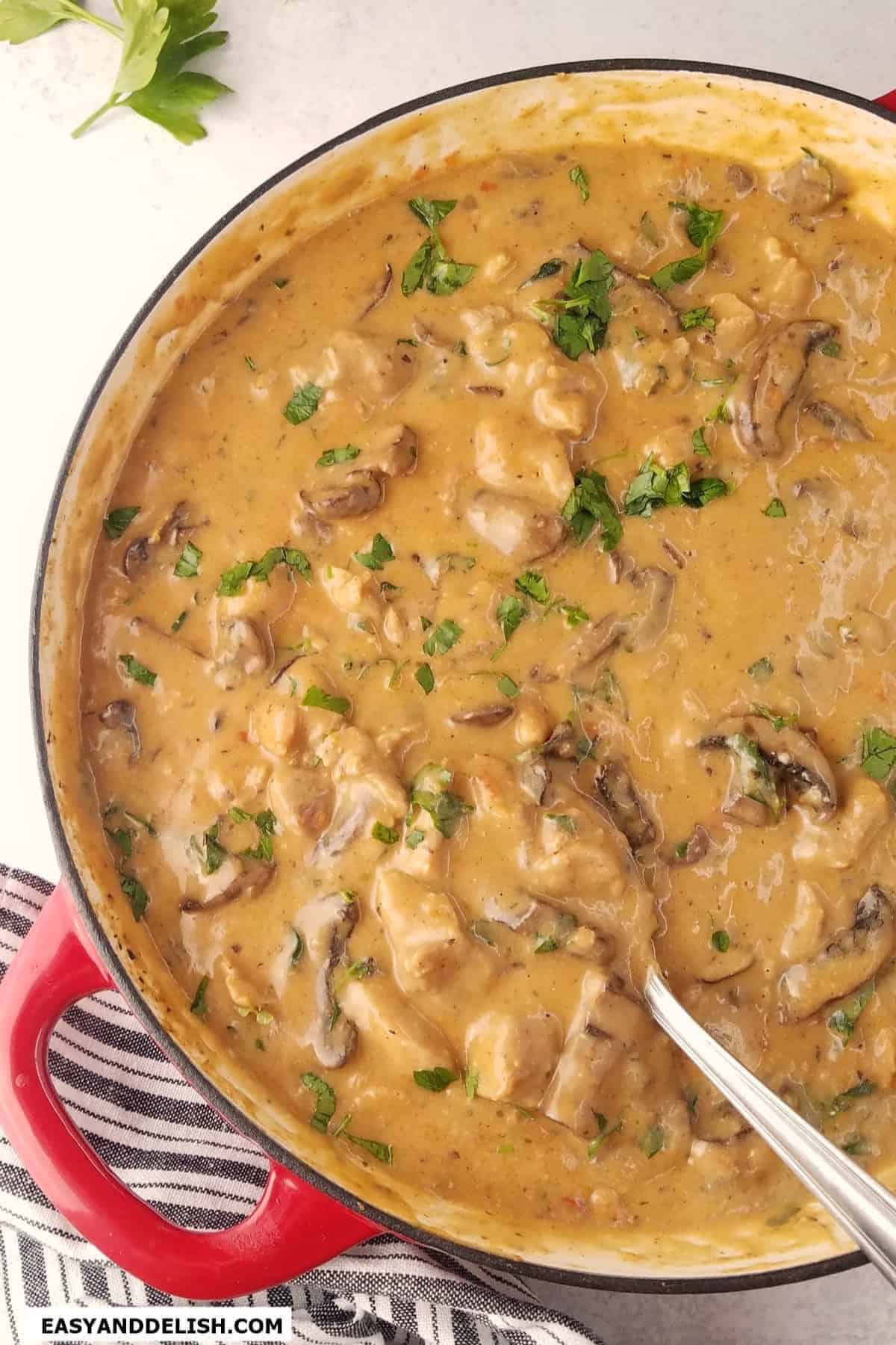 Pork and mushrooms in creamy sauce topped with fresh parsley.