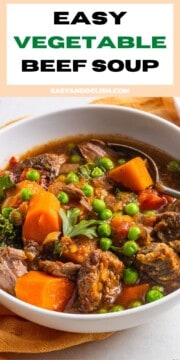 Close up of a bowl of hearty and easy vegetable beef soup.