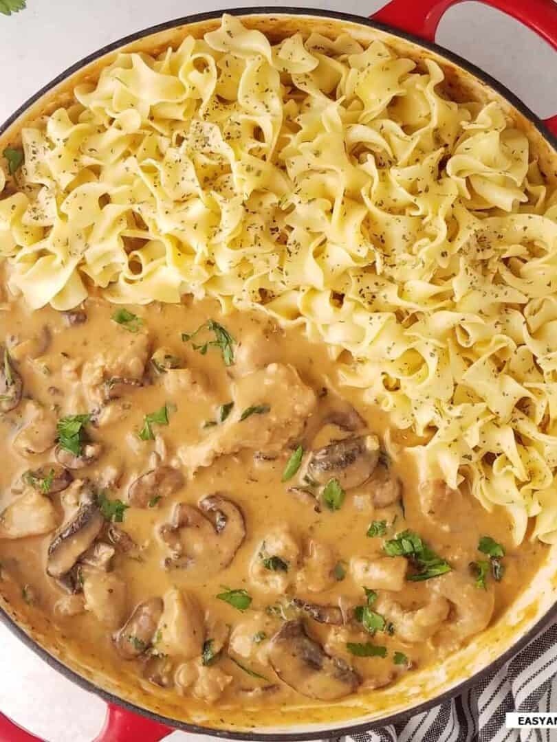 Creamy pork and sliced mushrooms served beside egg noodles.