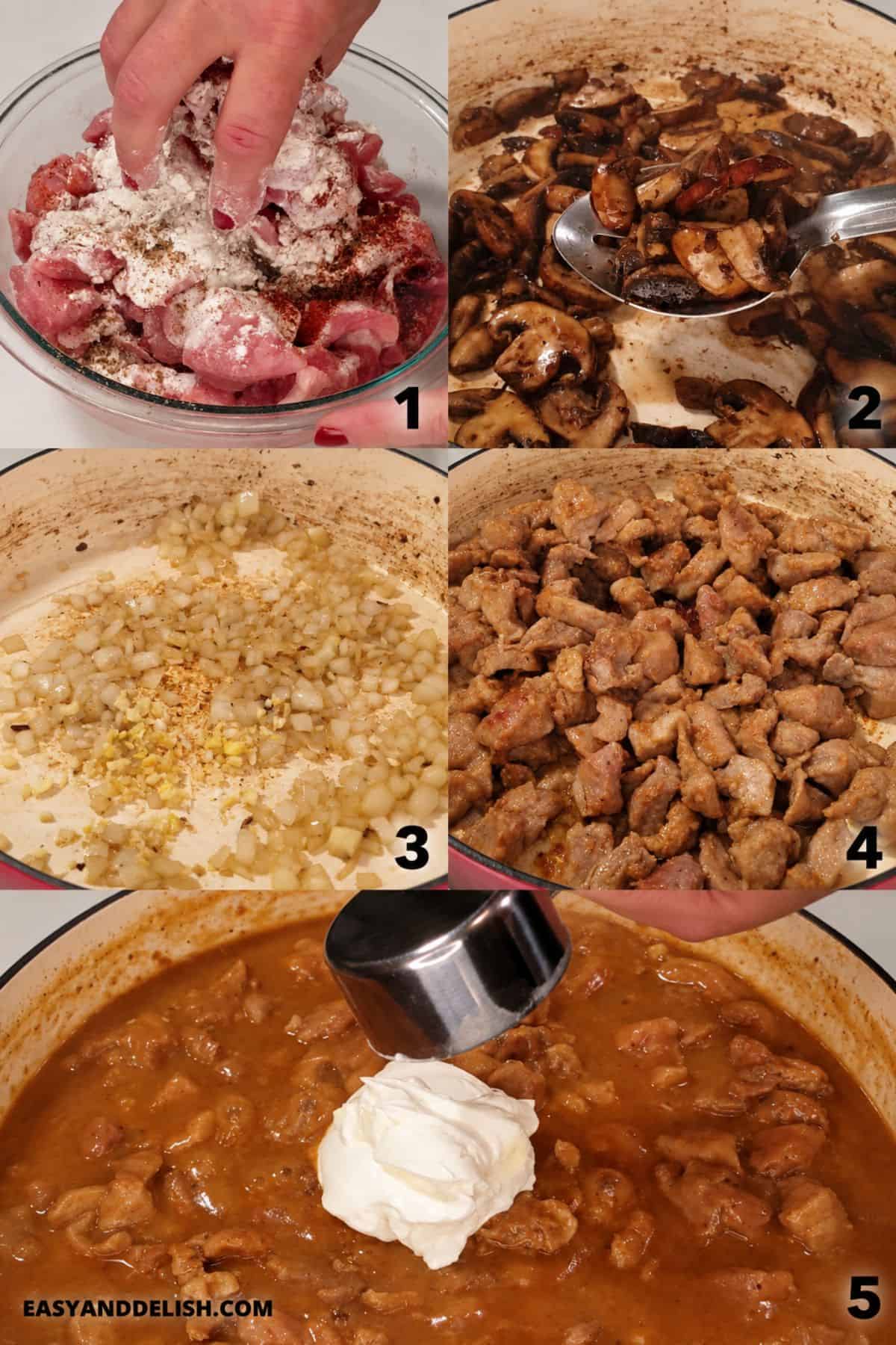 Pork seasoned with flour, browned mushrooms, onions, browned pork, and sour cream added to the sauce.