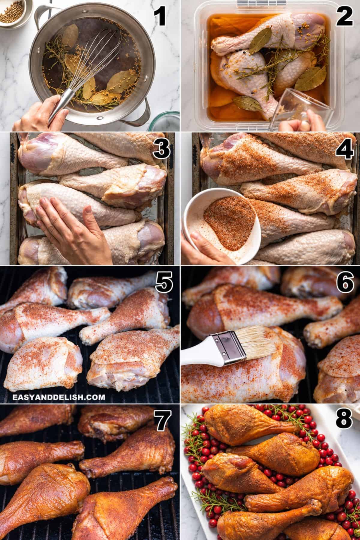 Turkey drumsticks prepared with brine and dry rub before cooking in the smoker.