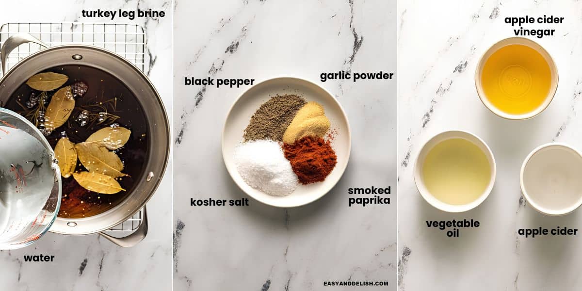 Turkey brine, dry rub spices, and smoking liquids arranged on a marble surface.