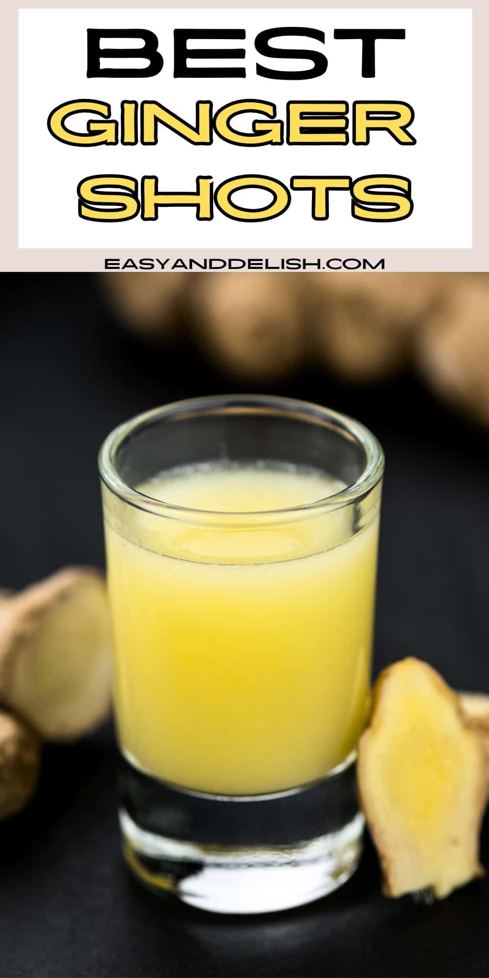 Close up of a glass  of best ginger shots with ginger root around it. 