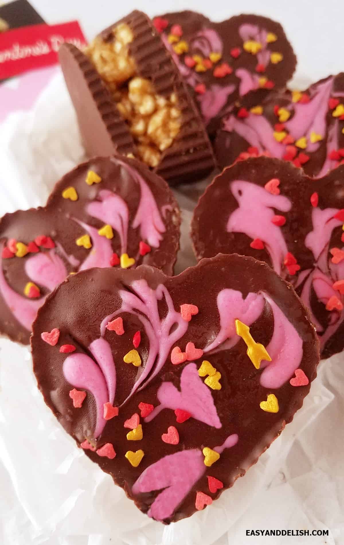 Close up of heart-shaped crunch bars decorated for Valentine's Day!