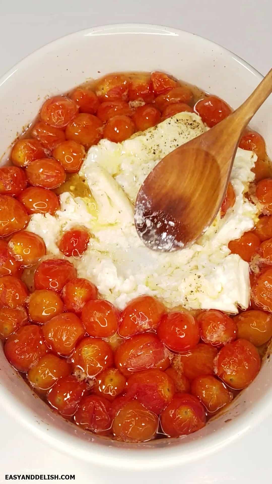 Mixing ingredients in a baking dish.