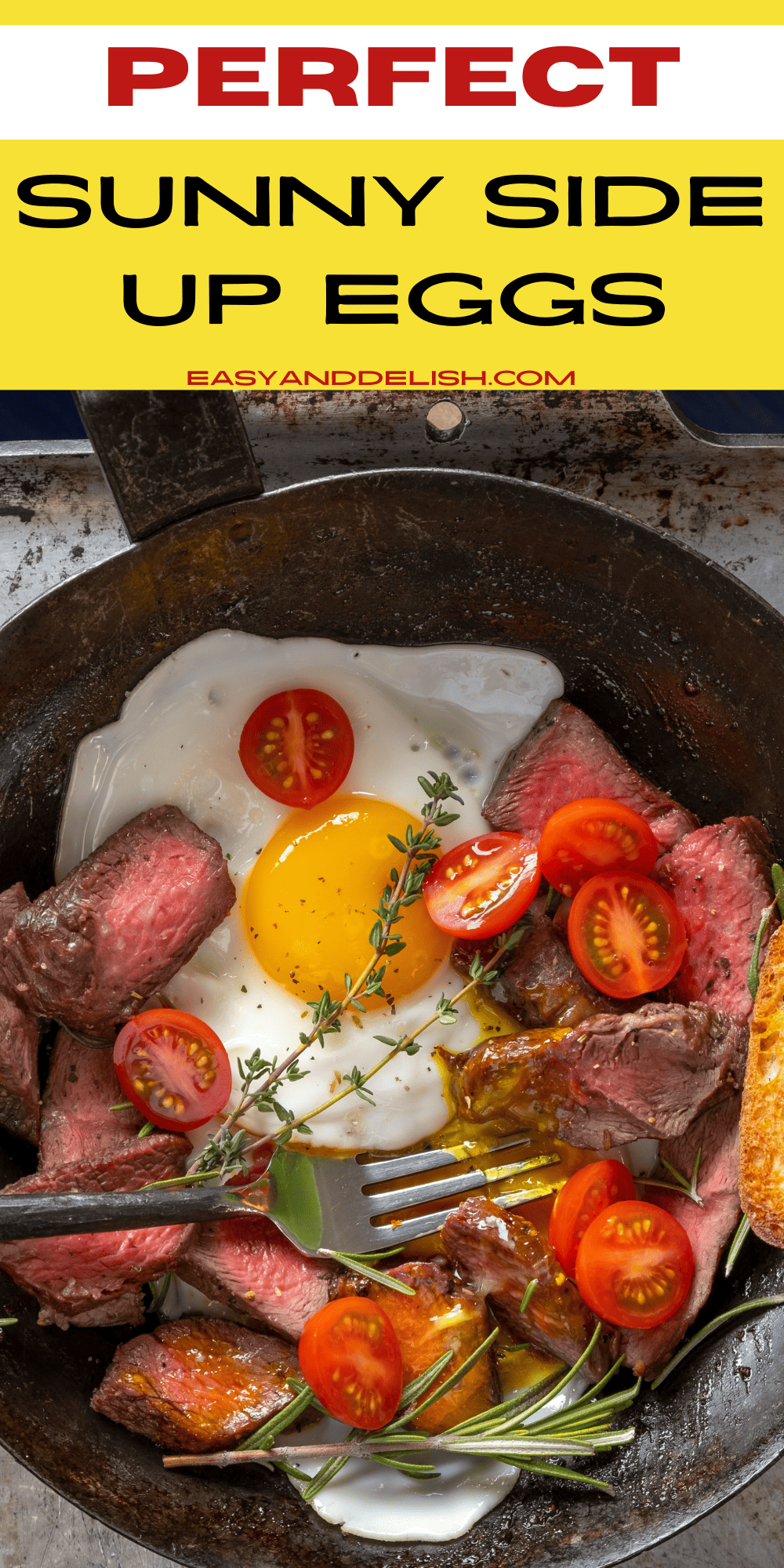 Steak and sunny side up eggs with vegetables in a skillet.