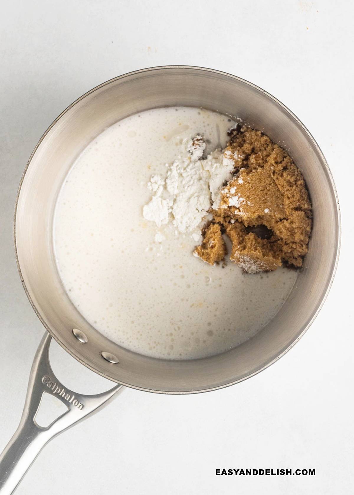 Brown sugar, coconut cream, and cornstach in a saucepan.