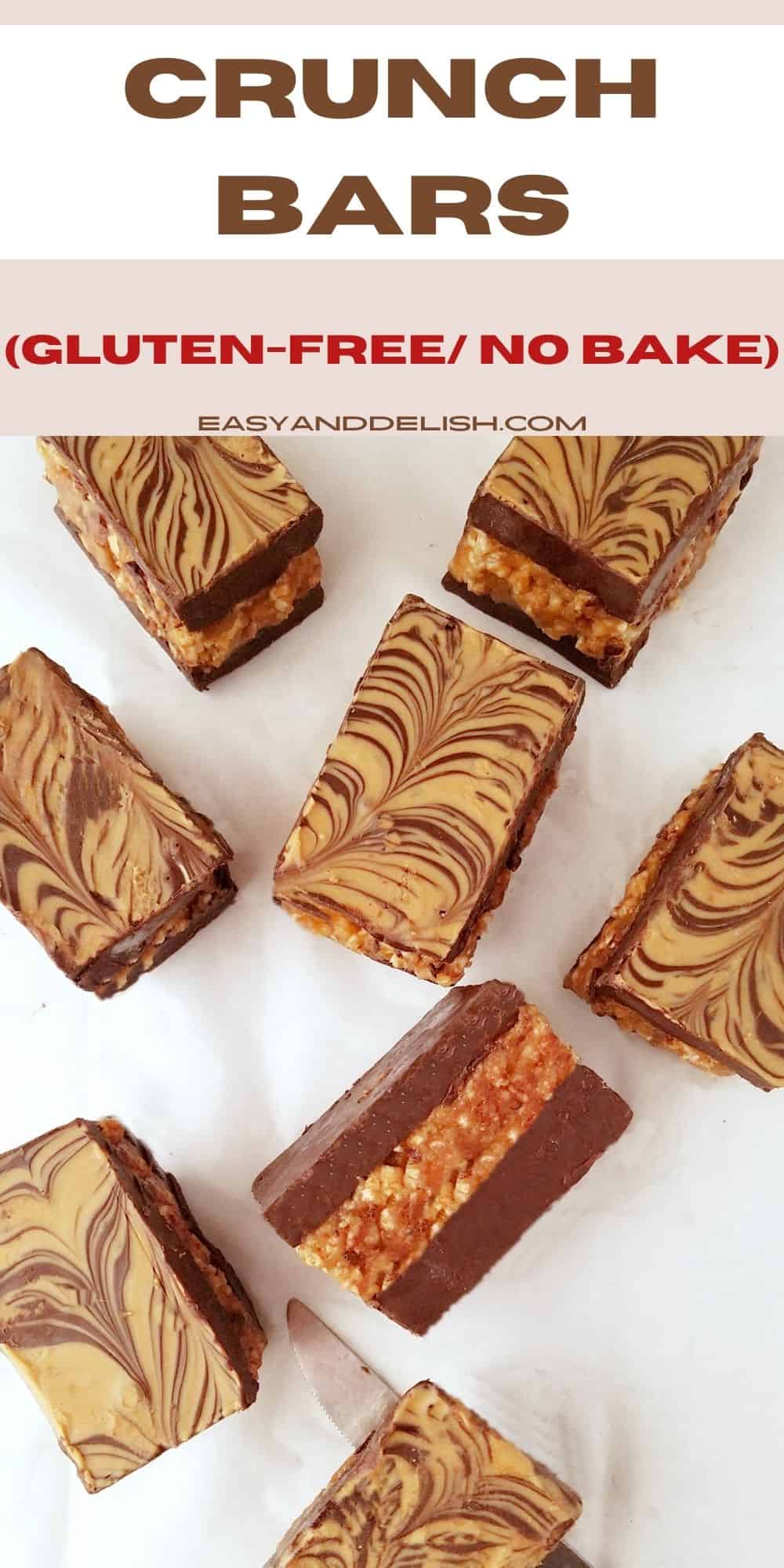 Many peanut butter crunch bars on a table. 