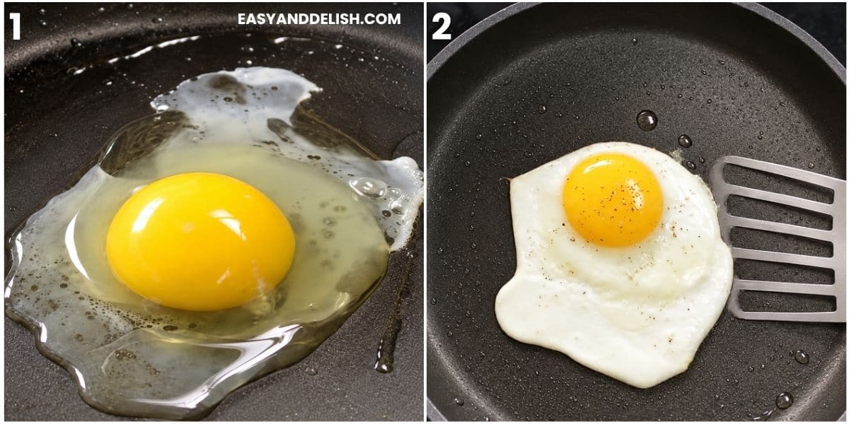 Raw egg cooking in a nonstick skillet beside a finished fried egg and metal spatula.
