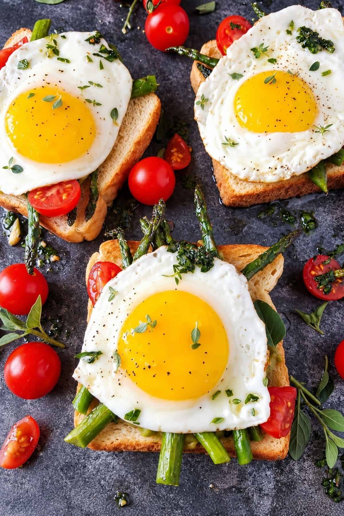 Two fried eggs in a skillet with cherry tomatoes, asparagus, and fresh herbs.