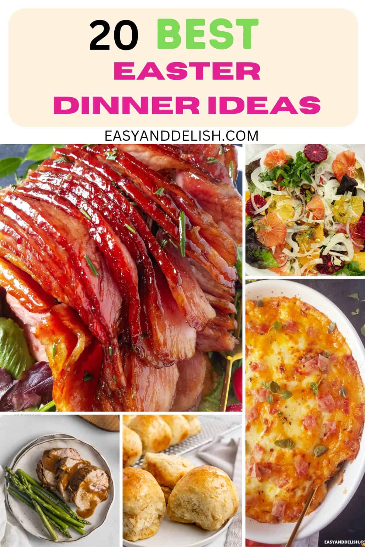 Collage with 5 out of 20 best Easter dinner recipes. 