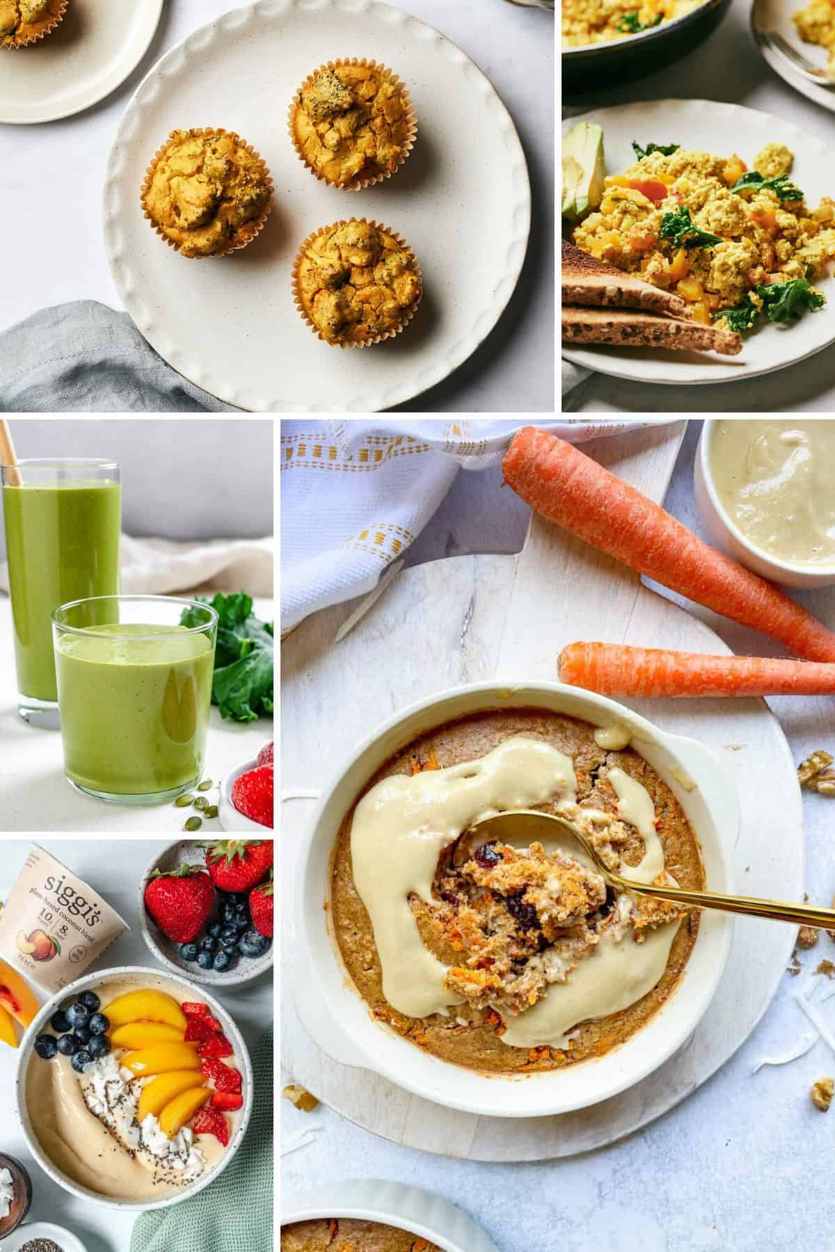 Image collage showing high protein vegan breakfasts with no eggs or dairy.