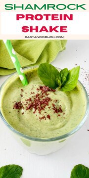 A small glass of shamrock protein shake with chocolate shavings on top.