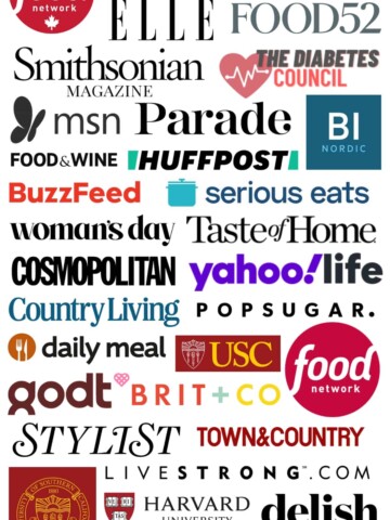 Image mostrando logos de marcas onde o site Easy and Delish teve receitas suas publicadas, entre eles sites e revistas importantes como Smithsonian, Food52, Nações Unidas, Harvard University, e muitos mais.