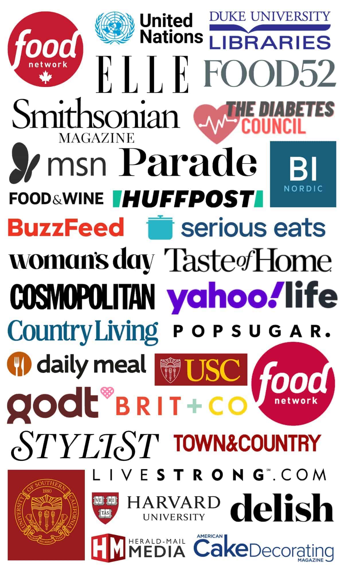 Image mostrando logos de marcas onde o site Easy and Delish teve receitas suas publicadas, entre eles sites e revistas importantes como Smithsonian, Food52, Nações Unidas, Harvard University, e muitos mais. 