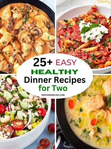 Photo collage with four out of 25+ easy healthy dinner recipes on a budget made in up to 30 minutes.