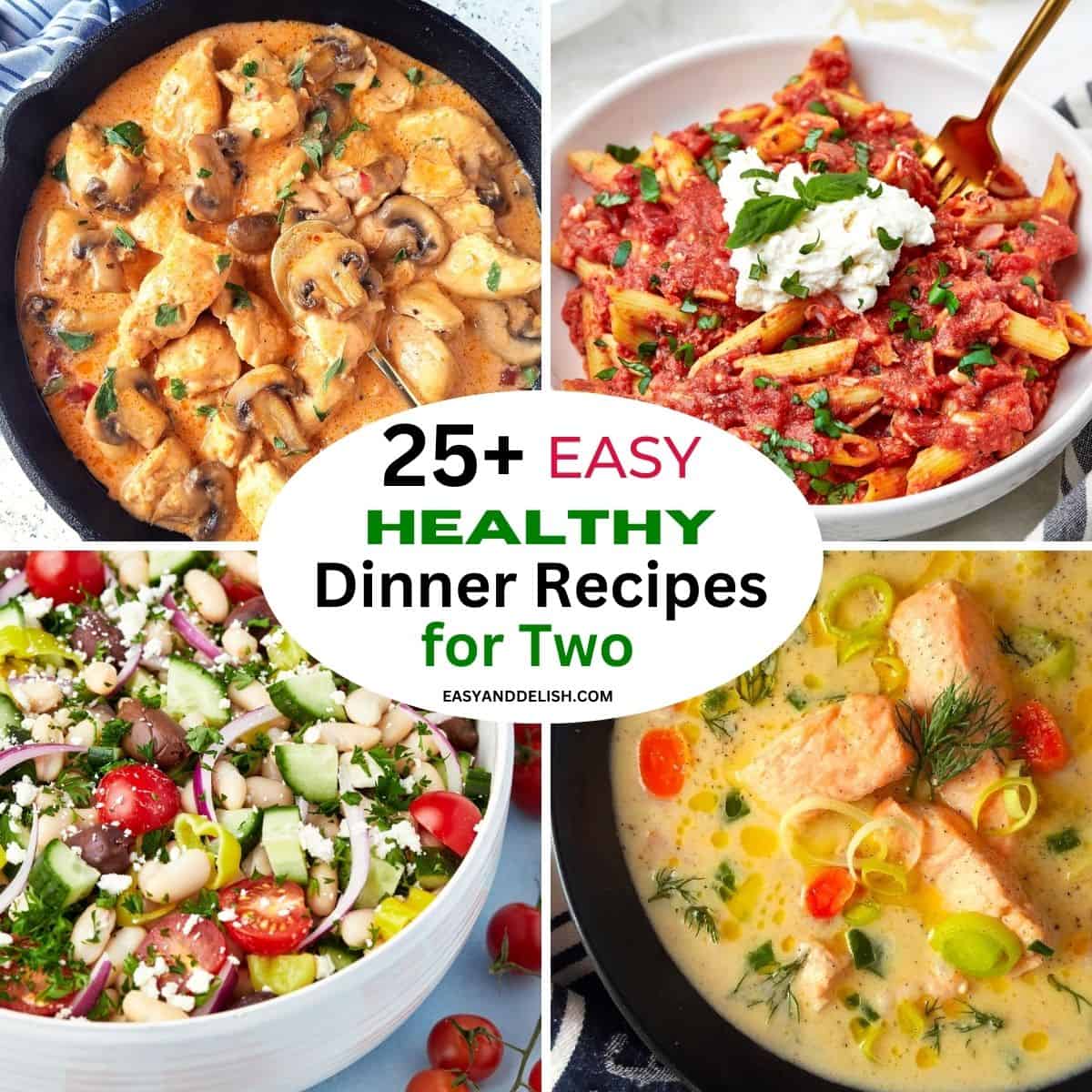 Photo collage with four out of 25+ easy healthy dinner recipes on a budget made in up to 30 minutes.