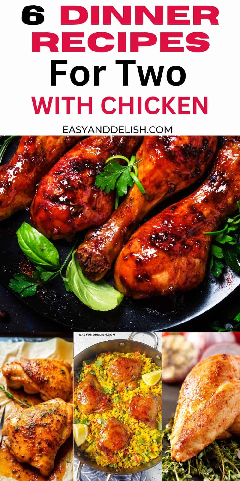 Photo collage showing 5 easy healthy chicken dinner ideas for two.