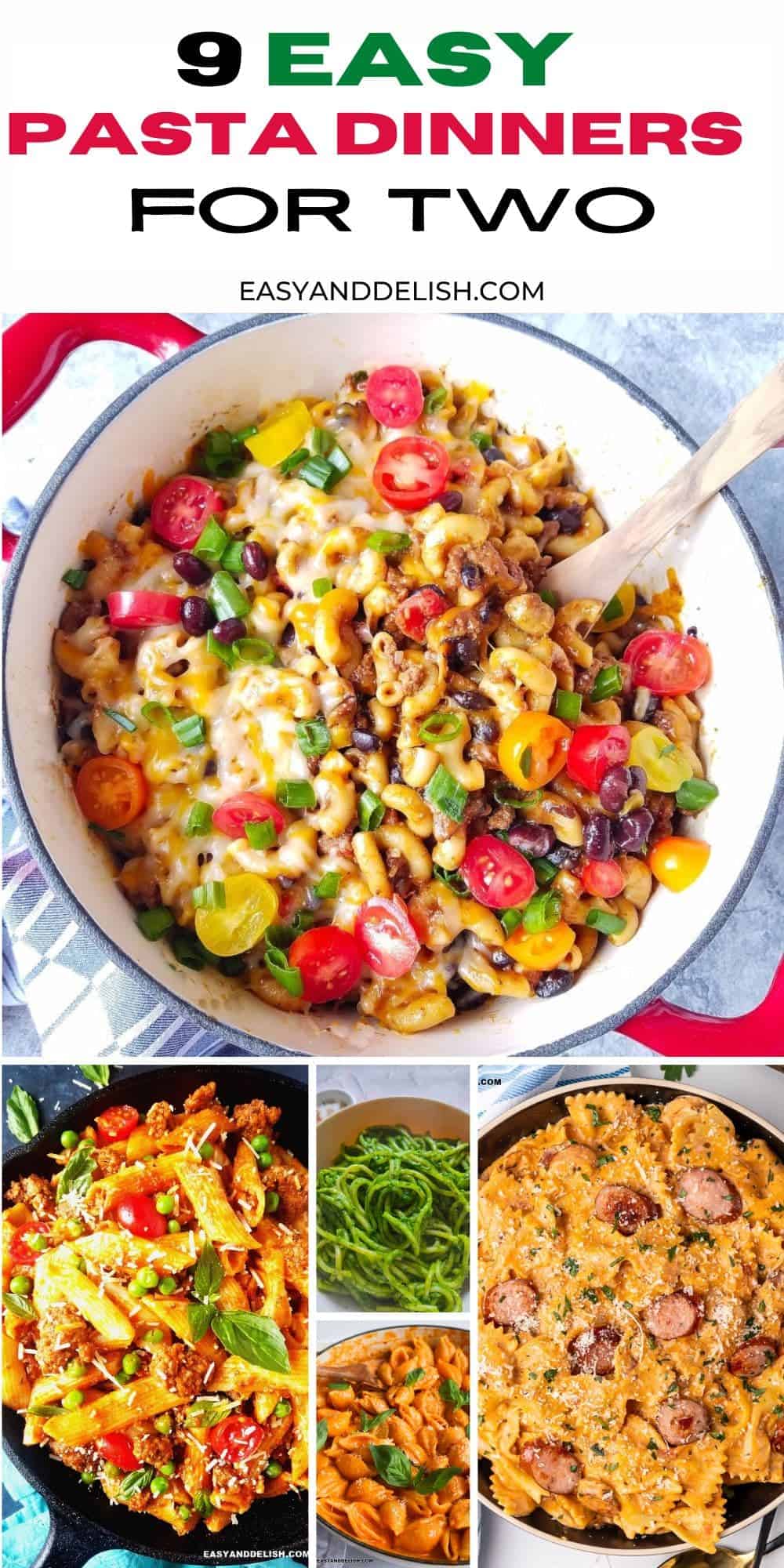 Photo collage showing 5 pasta dinners for two.