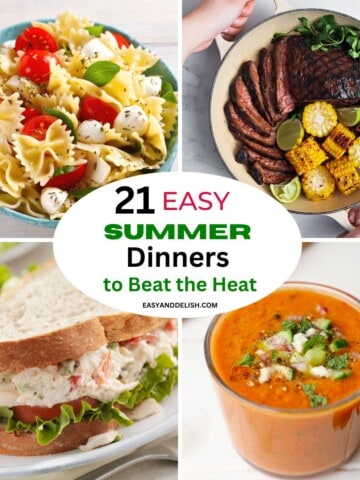 Four image-collage showing summer dinner ideas, including pasta salad, grilled steak, cold chicken salad sandwich, and gazpacho.