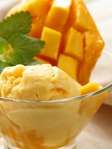 Mango Ice cream in a glass bowl.