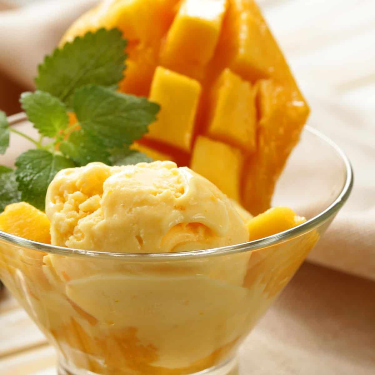 Mango Ice cream in a glass bowl.
