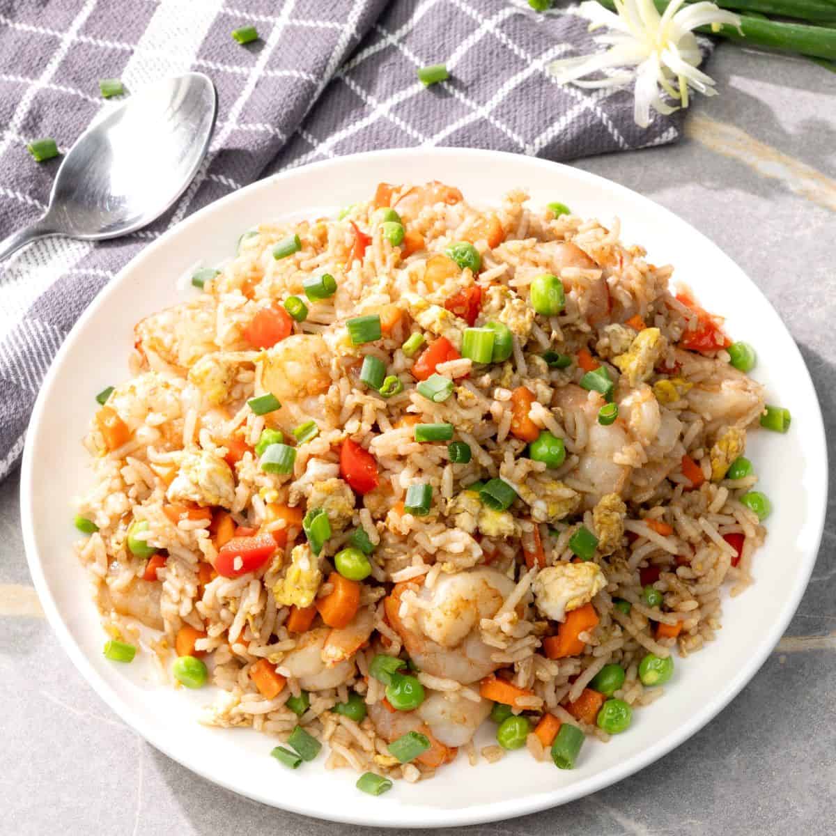 Easy Shrimp Fried Rice ready in 20 minutes plated ready dish. 