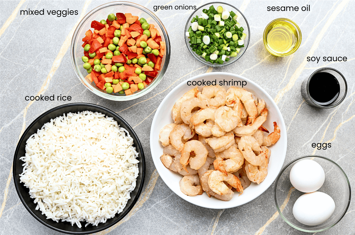Easy Shrimp Fried Rice ready in 20 minutes ingredients used and labelled. 