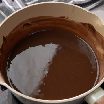 Smooth and glossy mixture ready to remove from heat.