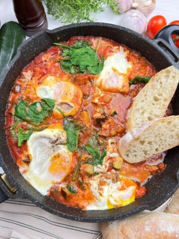 Finished Mediterranean One-Pan Eggplant Shakshuka, ready to serve
