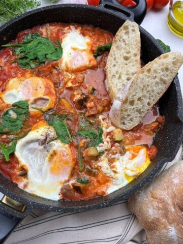finished Mediterranean eggplant shakshuka ready to serve