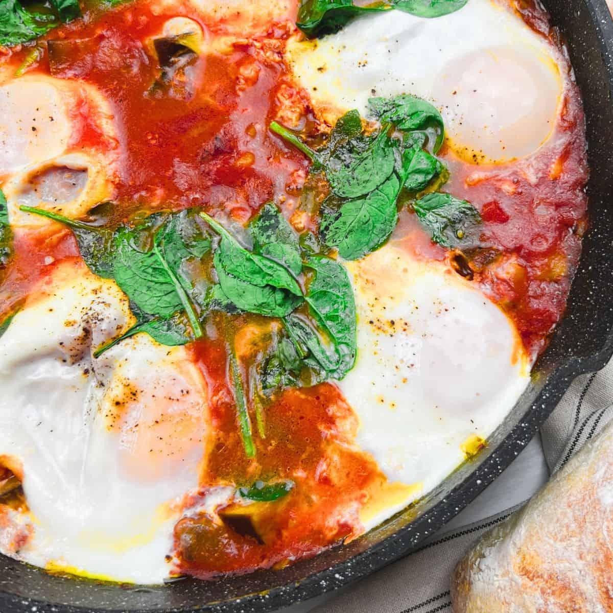 Mediterranean eggplant shakshuka with eggs in tomato sauce in skillet close up