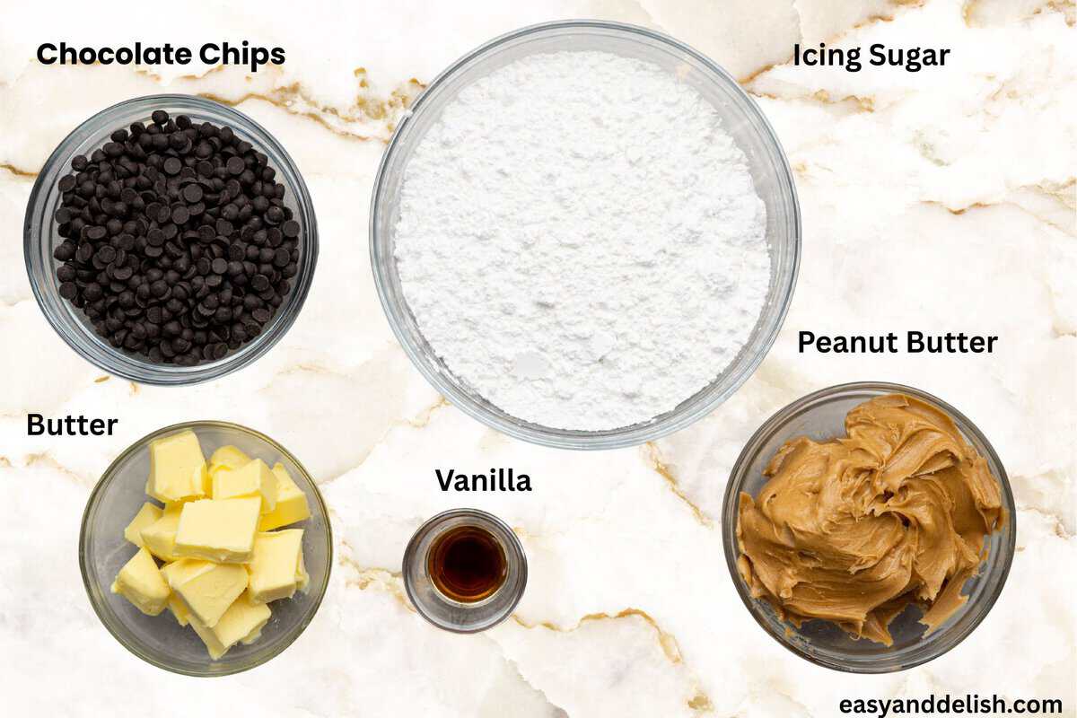 All ingredients to make chocolate peanut butter fudge labelled