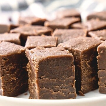 Close-up of rich chocolate peanut butter fudge squares on a white plate.