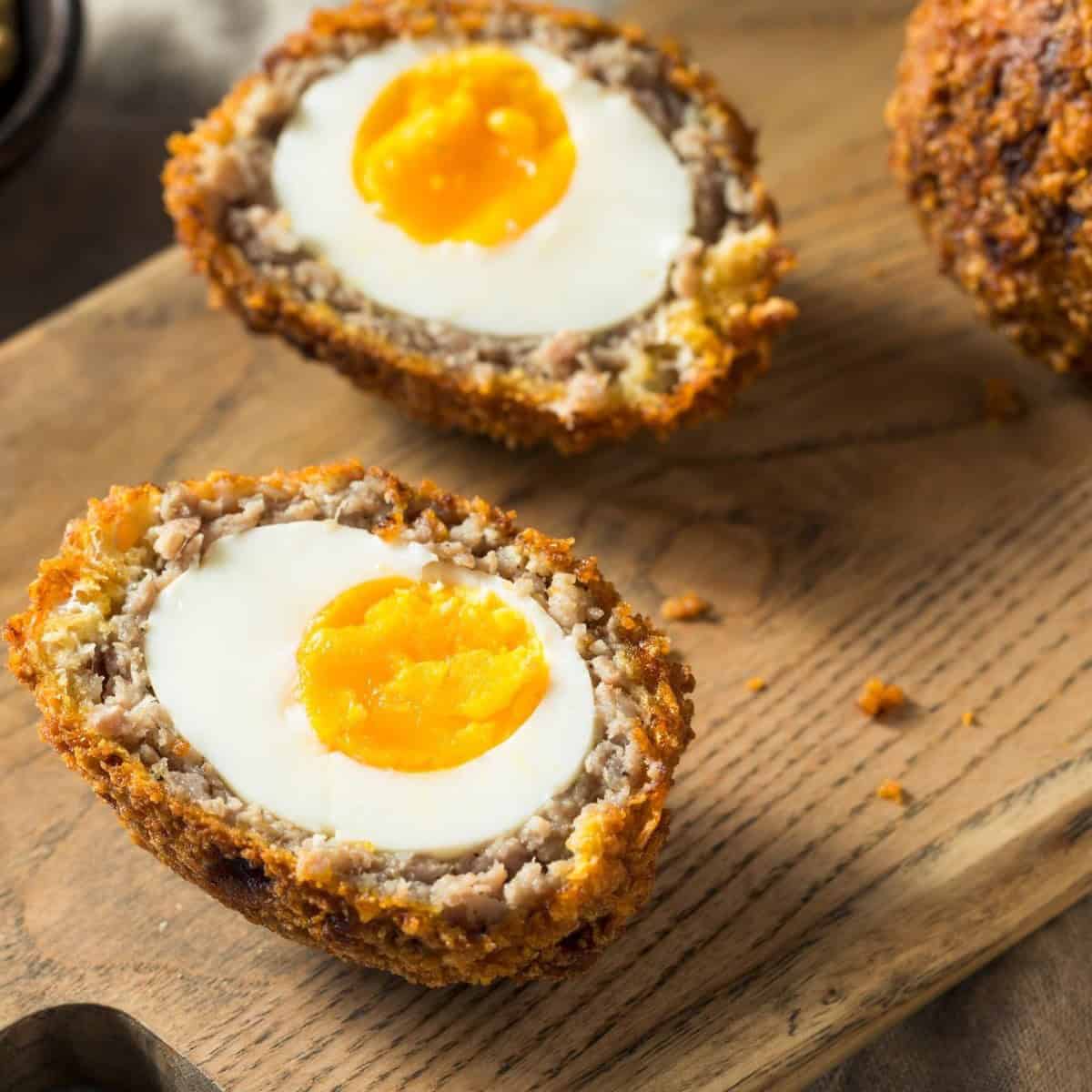 Ground beef Scotch eggs with crispy golden coating sliced in half on serving plate.