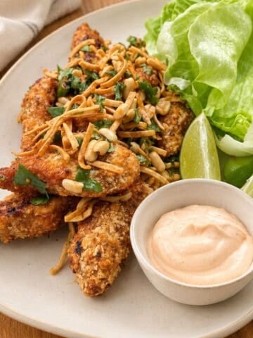 Crispy Szechuan chicken with peanuts, wonton strips, fresh lettuce, lime wedges, and spicy mayo.