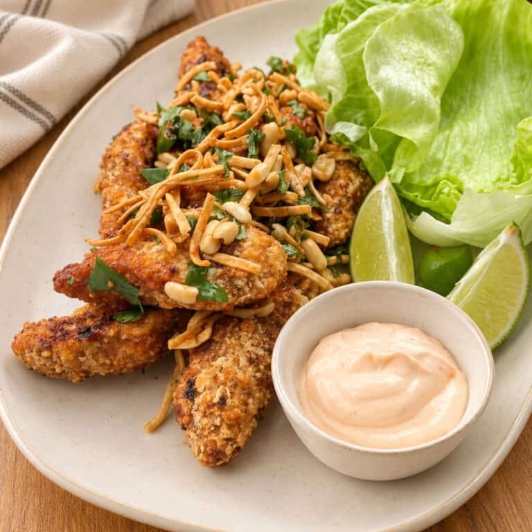 Crispy Szechuan chicken with peanuts, wonton strips, fresh lettuce, lime wedges, and spicy mayo.
