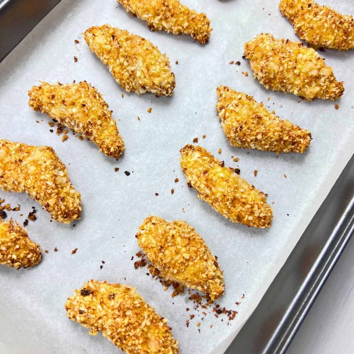 Panko-coated chicken strips baked for szechuan chicken lettuce wraps.