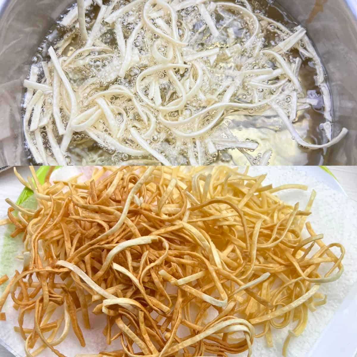 Frying and fried wontons collage.