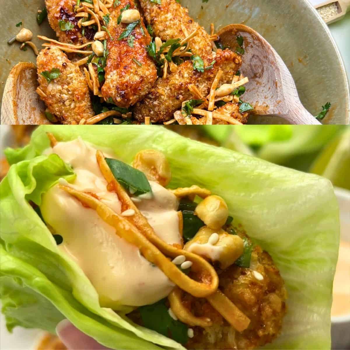 Szechuan chicken lettuce wraps with spicy mayo, peanuts, herbs, and crispy noodles.