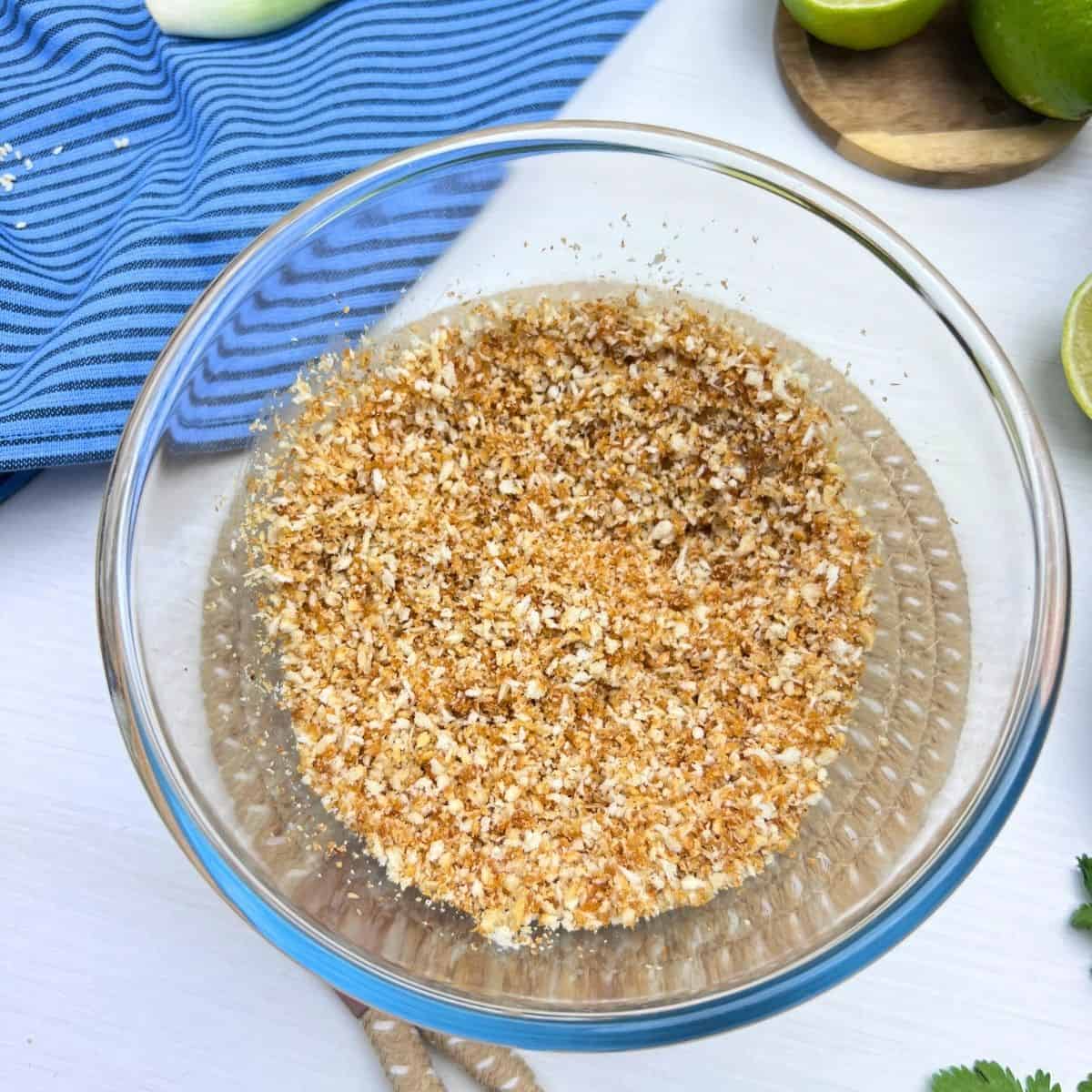 Toasted seasoned panko mixture for szechuan chicken lettuce wraps.