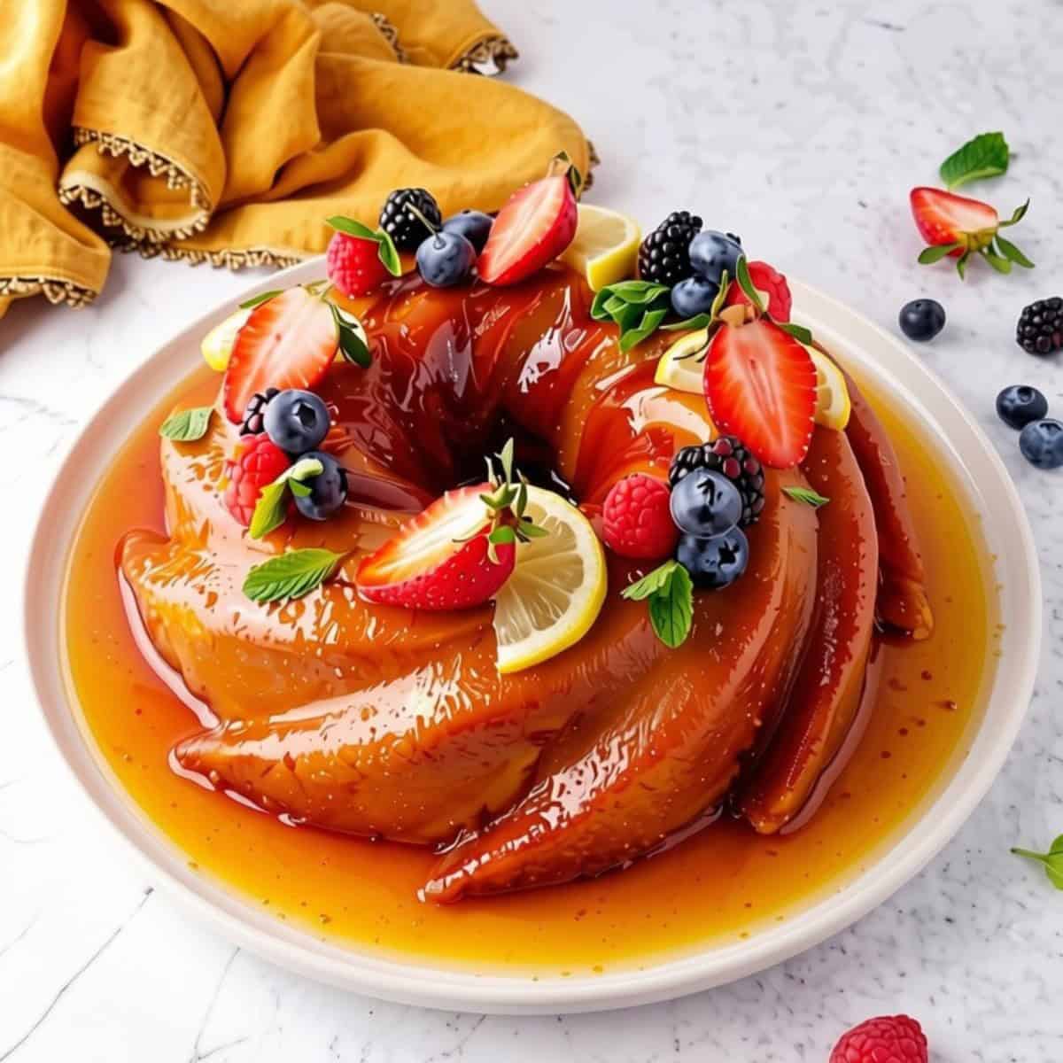 Stale sourdough bread in a plate topped with fresh fruits.