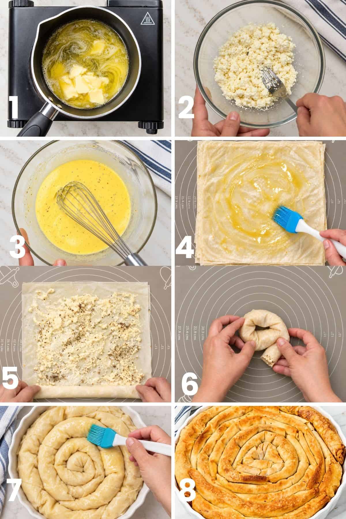 Preparing banitsa with feta filling, buttered phyllo, and a golden spiral pastry.